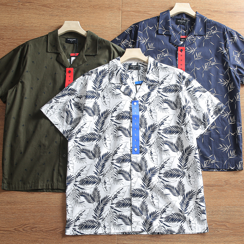 外贸原单 夏季男士宽松亚麻+棉混纺透气夏威夷风古巴领短袖麻衬衫
