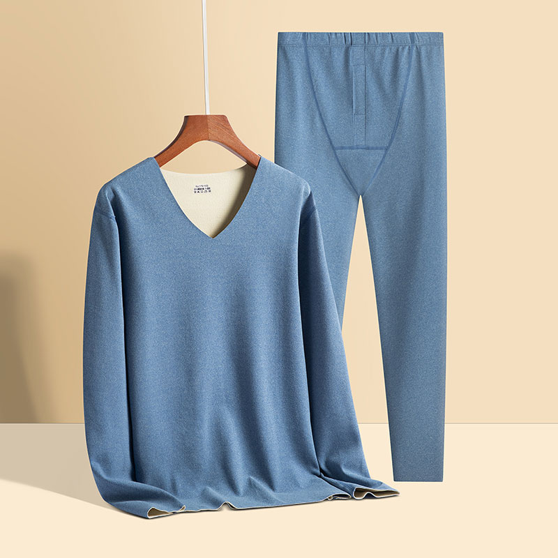 冬季男士双面德绒亲肤弹性保暖V领套头无痕内衣套装 保暖秋衣秋裤