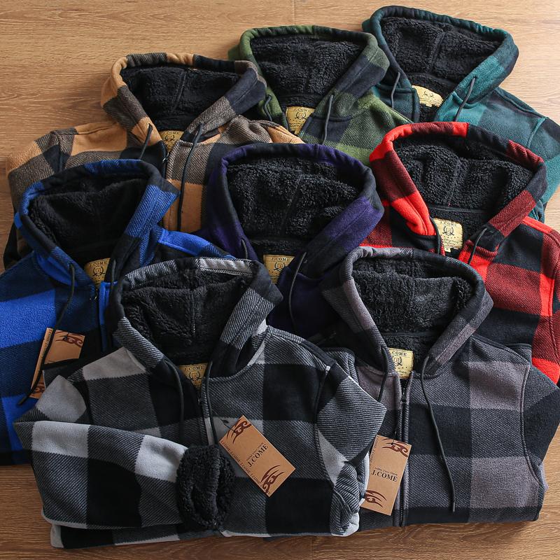 法兰绒格子加绒卫衣夹克开衫