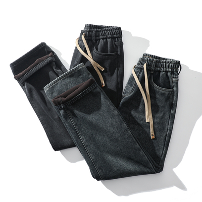 冬季男士直筒阔腿宽松松紧腰抽绳加绒加厚防风保暖休闲牛仔长裤潮