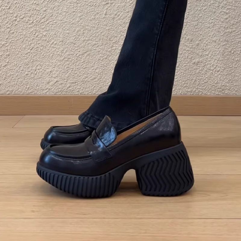 羊皮版~小个子厚底增高8cm秋季女鞋乐福女鞋英伦复古百搭小皮鞋