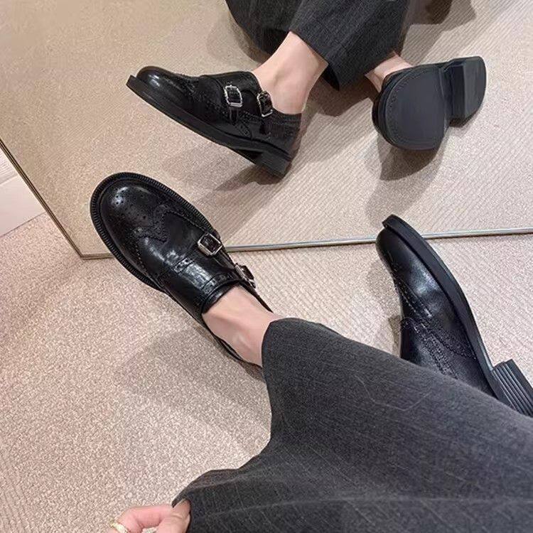 布洛克软皮软底乐福鞋女2026新款女鞋子英伦风小皮鞋粗跟百搭单鞋