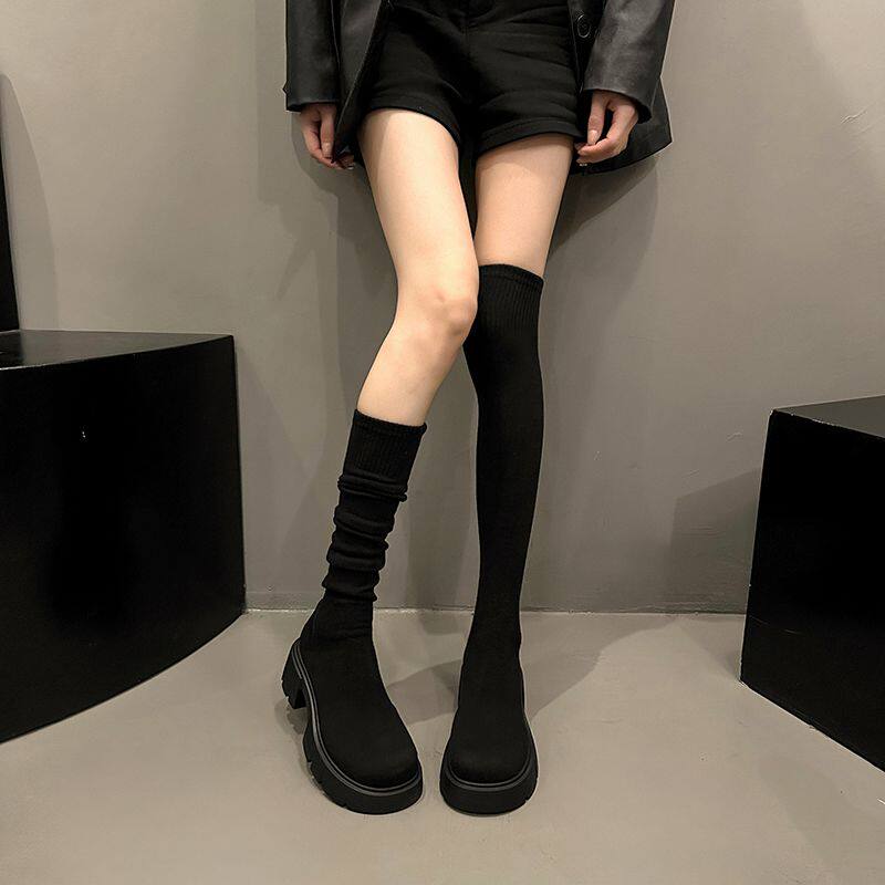 灰色长筒靴女高筒靴子袜靴新款鞋弹力靴袜子靴弹力袜过膝针织长靴