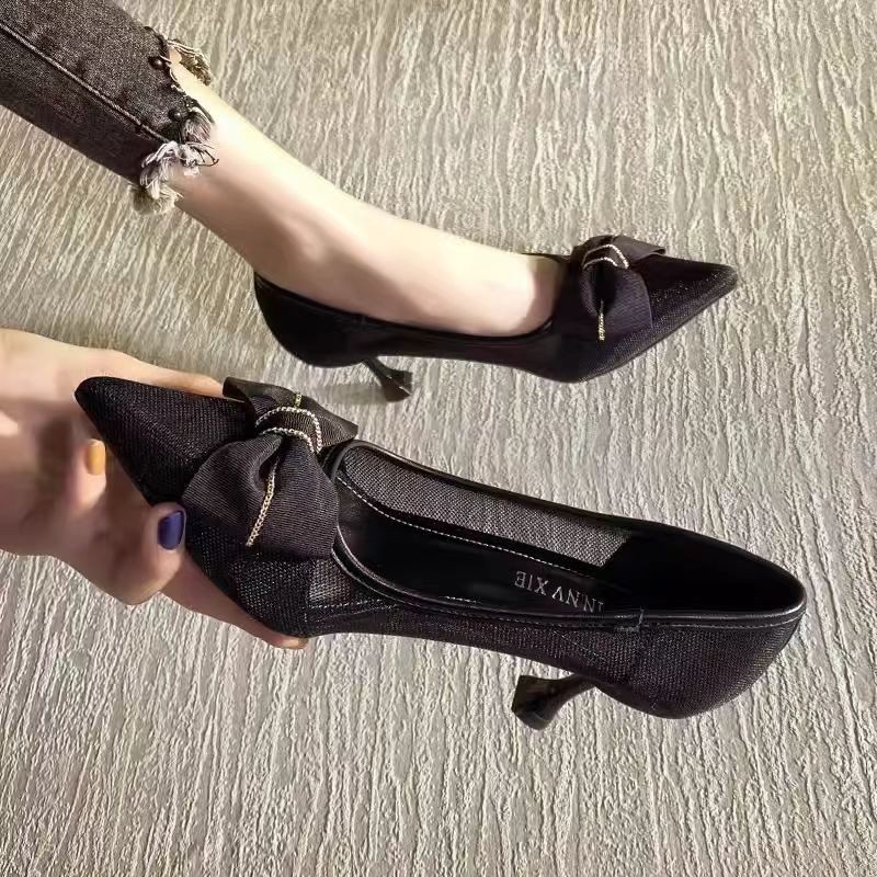 网纱凉鞋高跟皮鞋百搭蝴蝶结性感尖头舒适透气女凉鞋时尚防滑超软