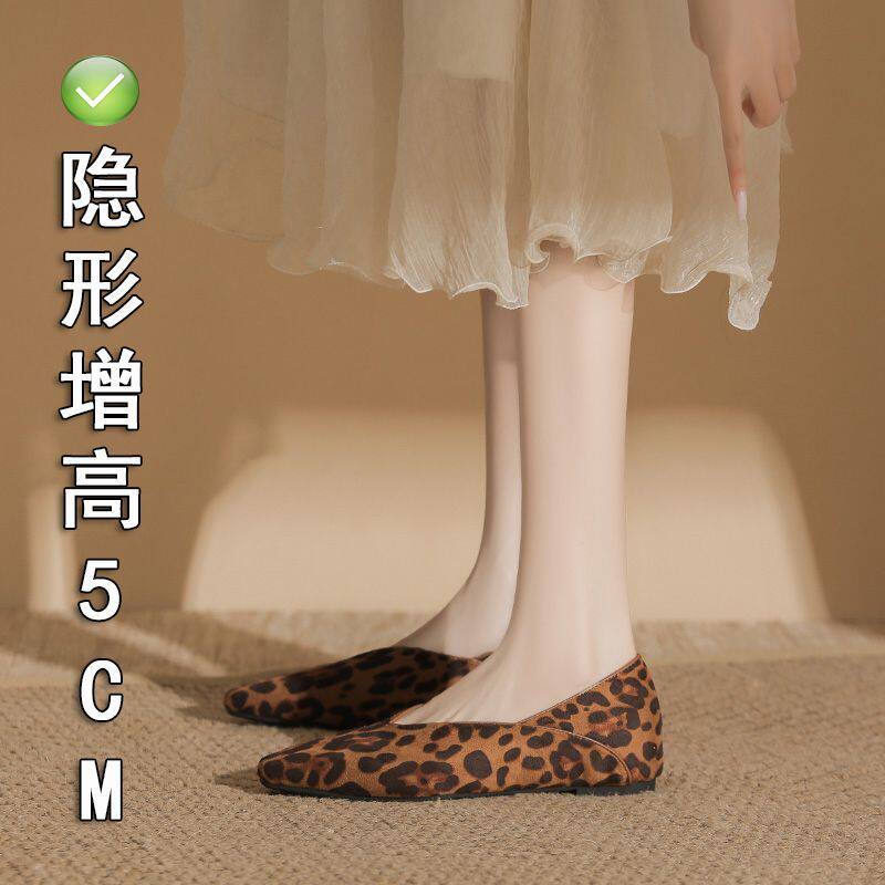 豹纹羊皮款特价~内增高5厘米秋冬款小方头发式平跟工作奶奶单女鞋