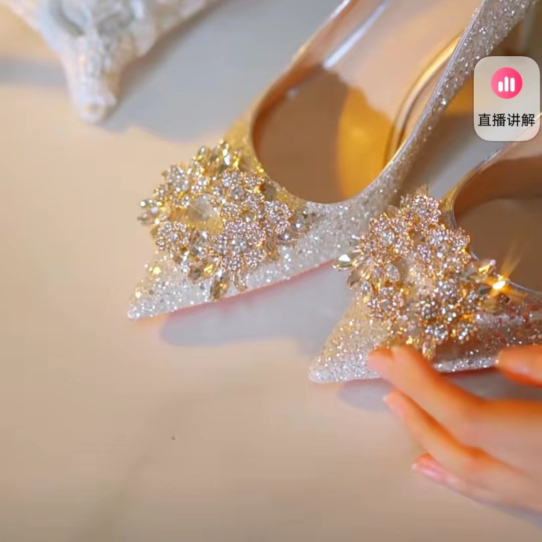 法式亮片水晶钻结婚鞋订婚婚纱秀禾宴会伴娘新娘鞋宴会不累脚高跟