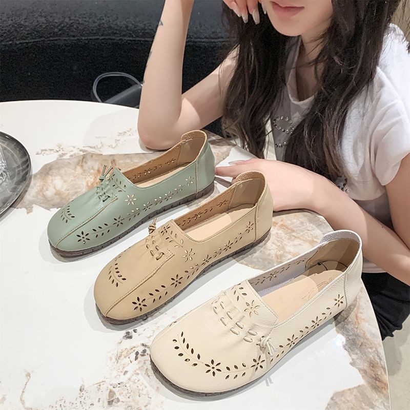夏季时尚皮面老北京布鞋女镂空妈妈网鞋防滑牛筋软底一脚蹬奶奶鞋