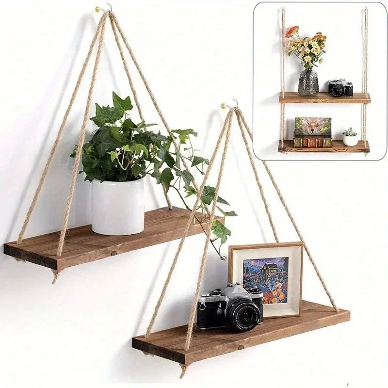 1PC Wooden Swing Hanging Hemp Rope Wall Shelve Mounted Float