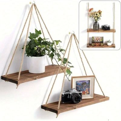 1PC Wooden Swing Hanging Hemp Rope Wall Shelve Mounted Float