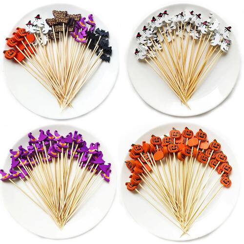 100Pcs Halloween Pumpkin Bamboo Skewers Fruit Fork Dessert S