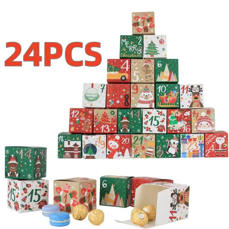 24pcs/set Christmas Advent Calendar Box Kraft Paper Candy Bo