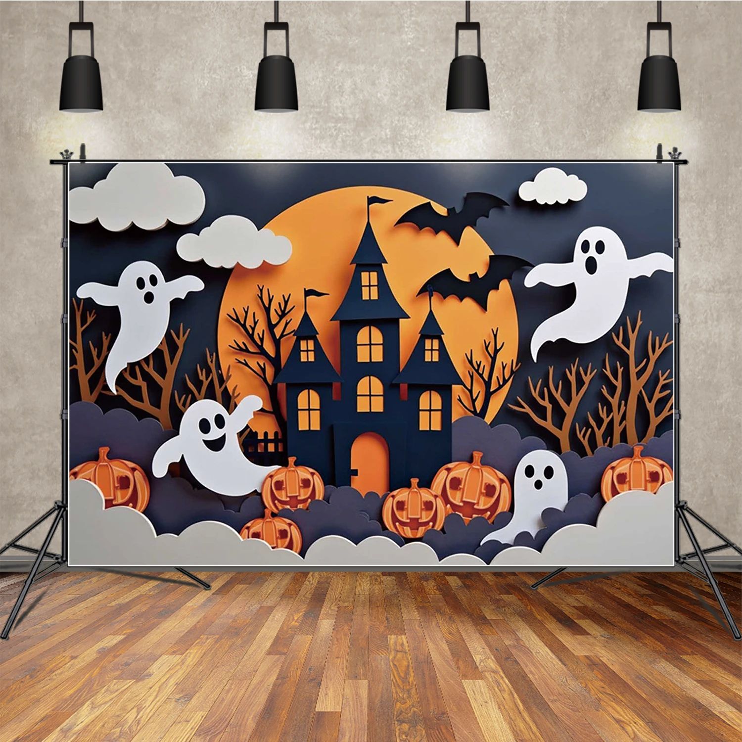Black Halloween Decor Photo Background Castle Bare Trees Gho