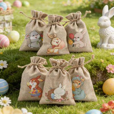 6Pcs Easter Burlap Drawstring Gift Bags Spring Bunny Party F