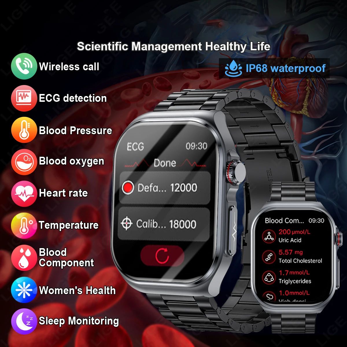 LIGE AMOLED Smart Watch ET585 Men ECG Blood Compositoin Heal