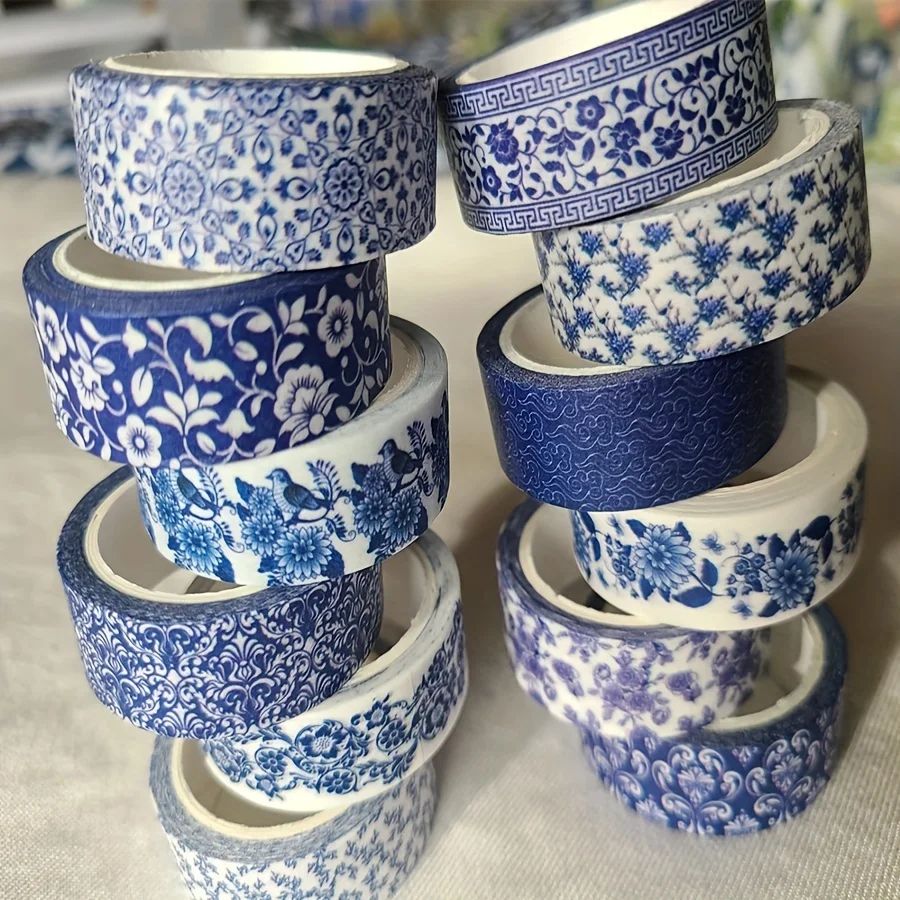 Blue & White Washi Tape Set; Pretty Chinoiserie Designs; 12
