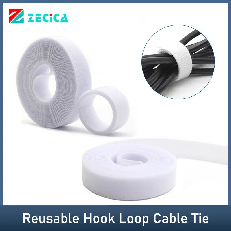 5m/Roll White Cable Ties Reusable Hook Loop Fastener Width 1