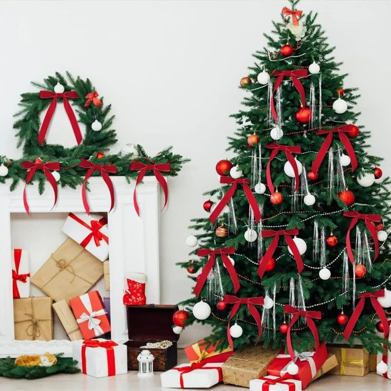 12pcs Slender Velvet Christmas Bows Vintage Diy Christmas Tr
