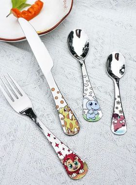 Stainless Steel Children Spoon Fork Animal Cartoon Car Dinos