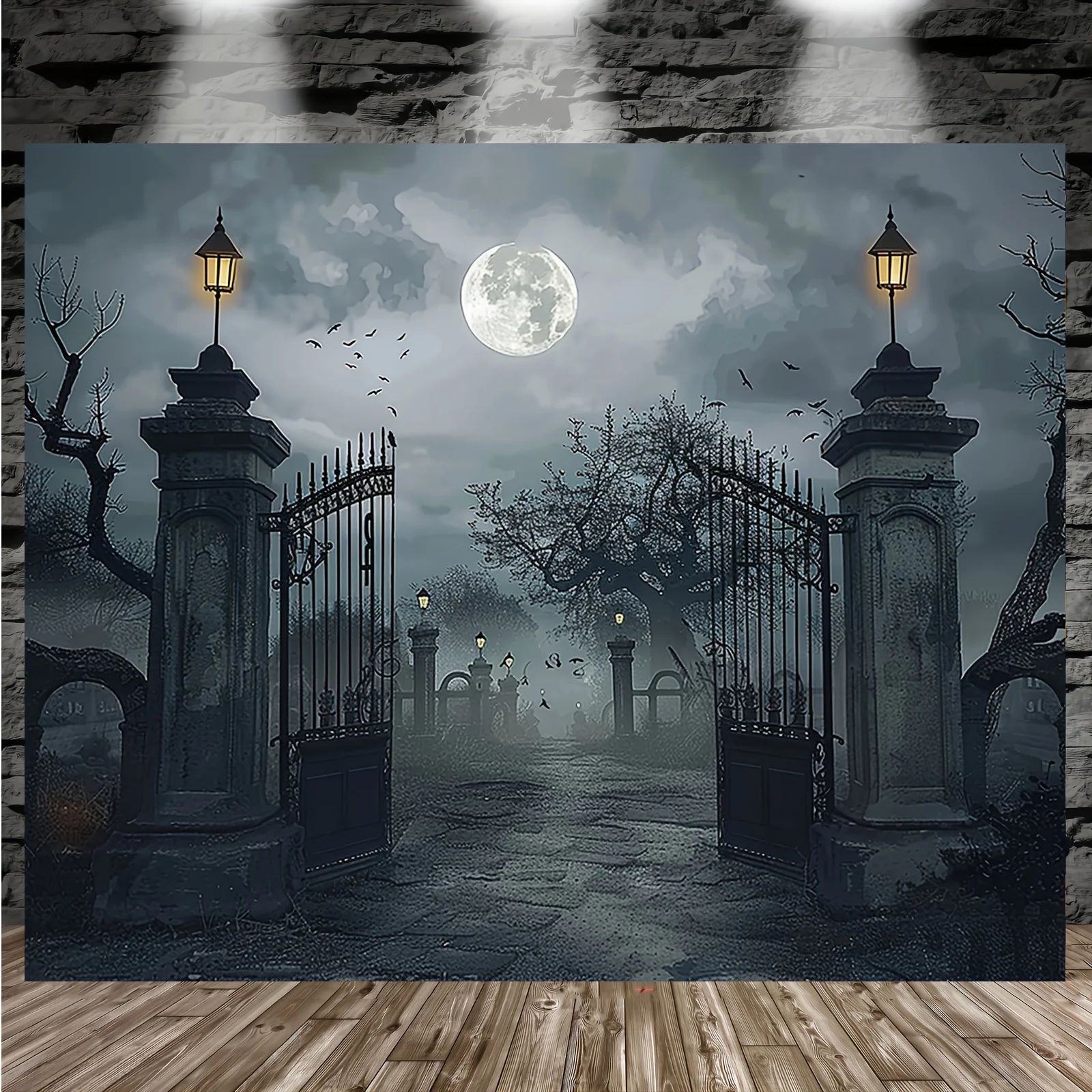 Halloween Background Banner - Ghost Cemetery with Full Moon
