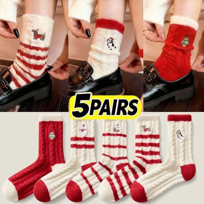 1/5pairs Red Velvet Christmas Embroidered Stripes Sleeping S