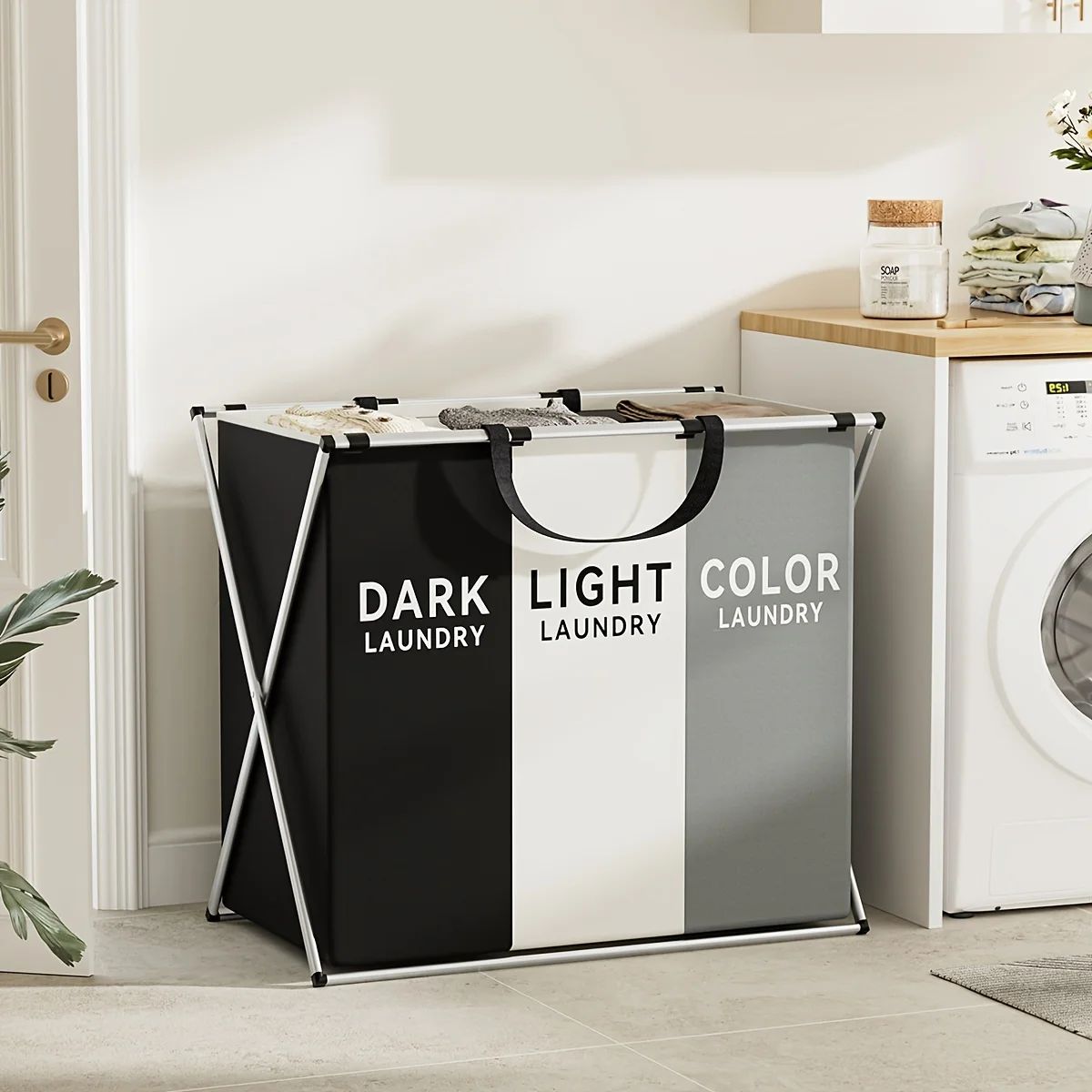 1 PC Large Laundry Hamper 3 Sections Divided Laundry Basket图片