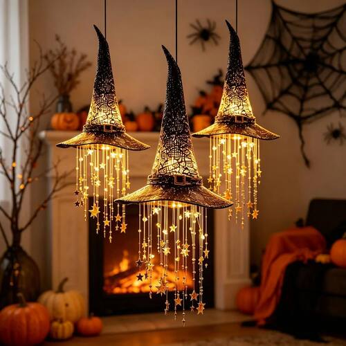 Lighted Witch Hat Hanging Chime Halloween Outdoor Ornament G