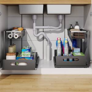 Under Sink 2 Tier Sliding Cabinet Basket Organizer Drawer Pu