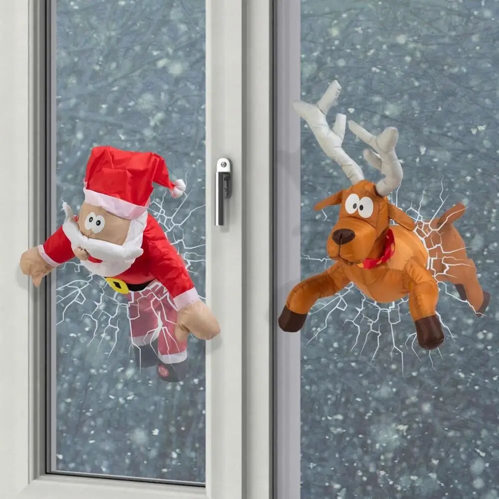 Crashing Santa&reindeer Animated Christmas Window Glass Orna