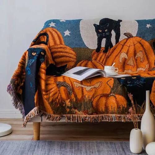 Halloween Black Cat Pumpkin Throw Blanket Spooky Fringed Wov