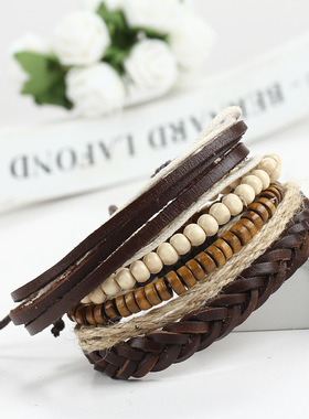 couples hand catenary bracelet men 皮绳木珠多层男女情侣手链