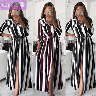 Women Striped Long Sleeve Shirt Maxi Dress条纹衬衣长裙连衣裙