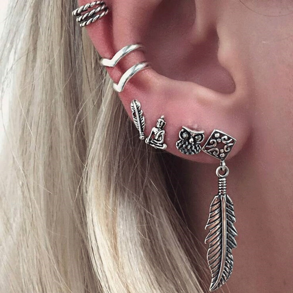 6pcs/set Retro Thai Silver Leaves Owl Earrings For Women