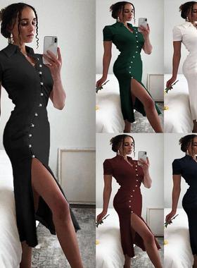 Blouse collar split dress button women's clothing 开叉连身裙