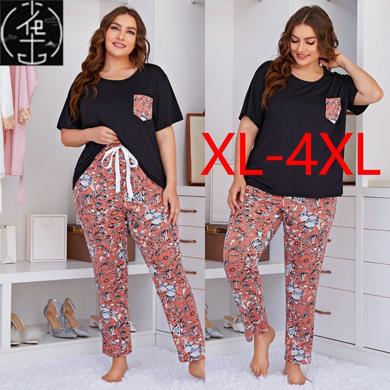 autumn fat women plus size pajamas tops pants two-piece suit