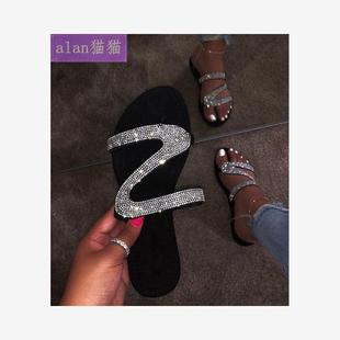 diamond women sandals shoes slippers black水晶拖鞋女平底凉鞋