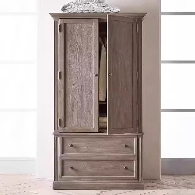 美式乡村实木衣柜法式复古橡木双门衣橱小户型卧室收纳柜储物柜