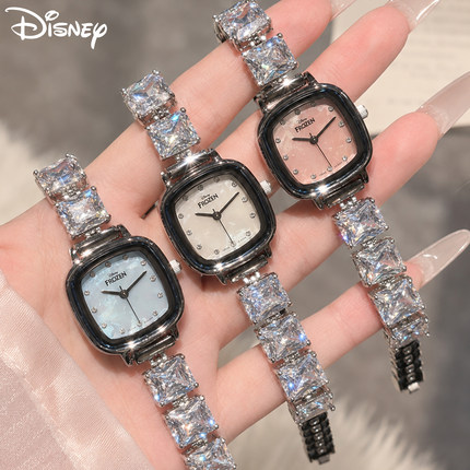 Disney迪士尼冰雪奇缘贝母表盘镶钻小方表女轻奢时尚腕表生日礼物