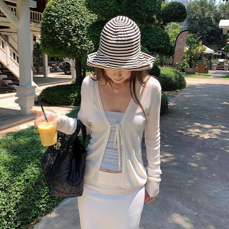 镂空蓝色针织开衫女配吊带连衣裙子外搭罩衫初夏季薄款小披肩外套