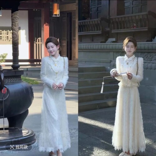 婷婷白孔雀 一步三回头仙气羽毛纱蕾丝套装