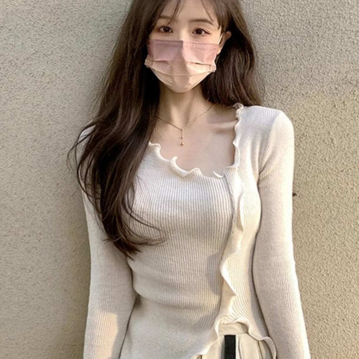 原版版型 木耳边不规则针织衫女秋款法式短款内搭打底长袖上衣