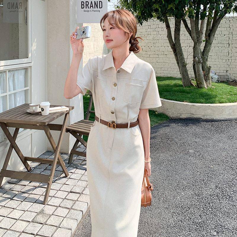 连衣裙女2026夏季新款气质通勤收腰显瘦麻料工装衬衫长裙子配腰带