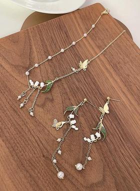 S925银针简约不对称铃兰花蝴蝶耳环超仙森系设计铃兰花项链女B605