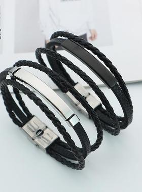 蒂龙妮新款个性日韩风潮男饰品皮手镯光面刻字手环编织PU钛钢手链
