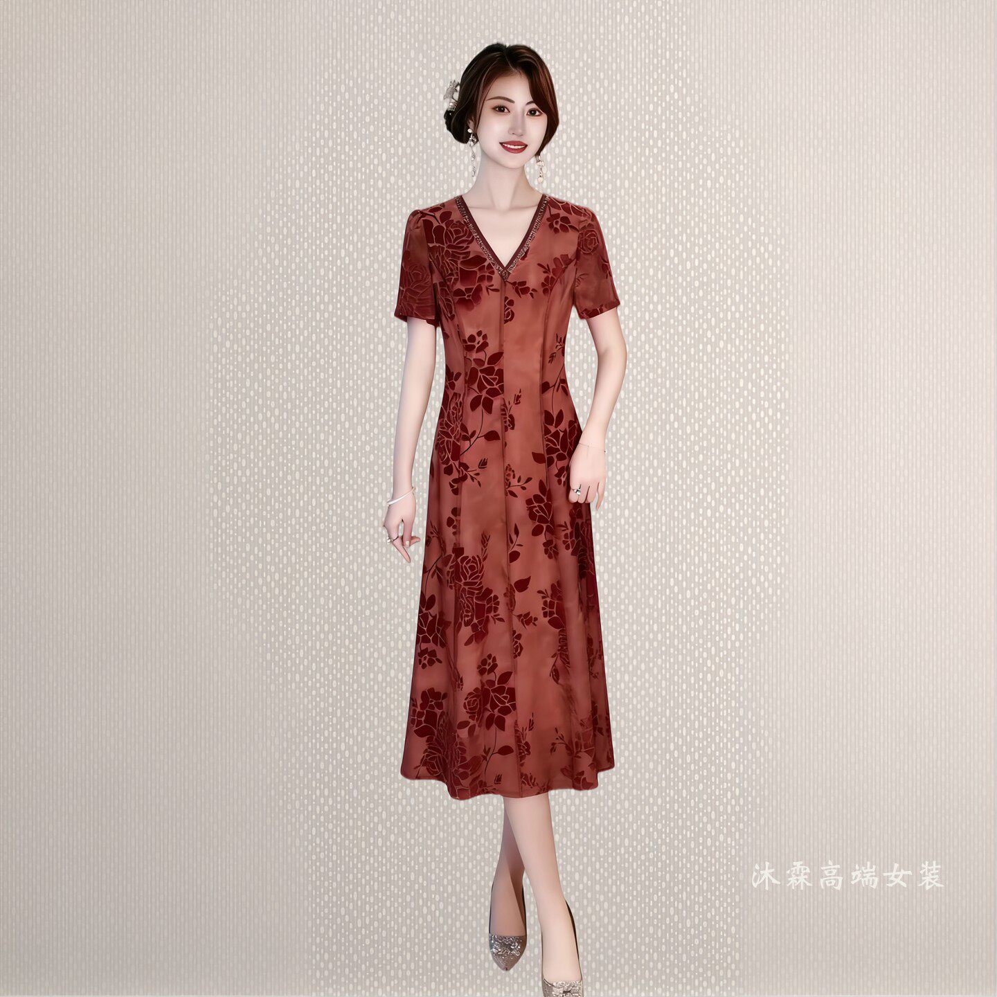 沐紫霖2026夏季新款时尚显瘦大码气质修身妈妈婚宴礼服连衣裙8000