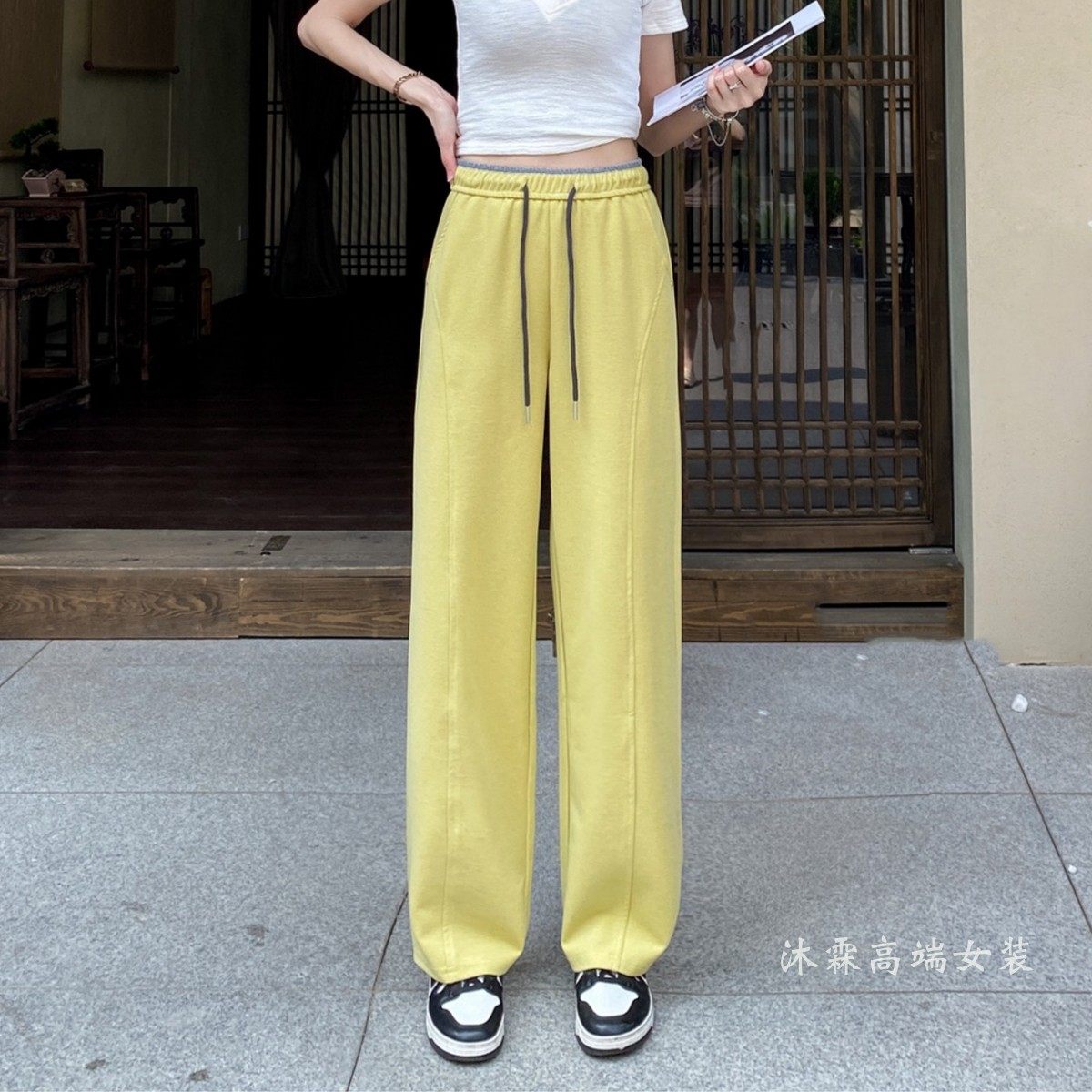 雅姿赏色珊瑚花2026夏季新宽松大码修身显瘦胖M休闲直筒女裤51052
