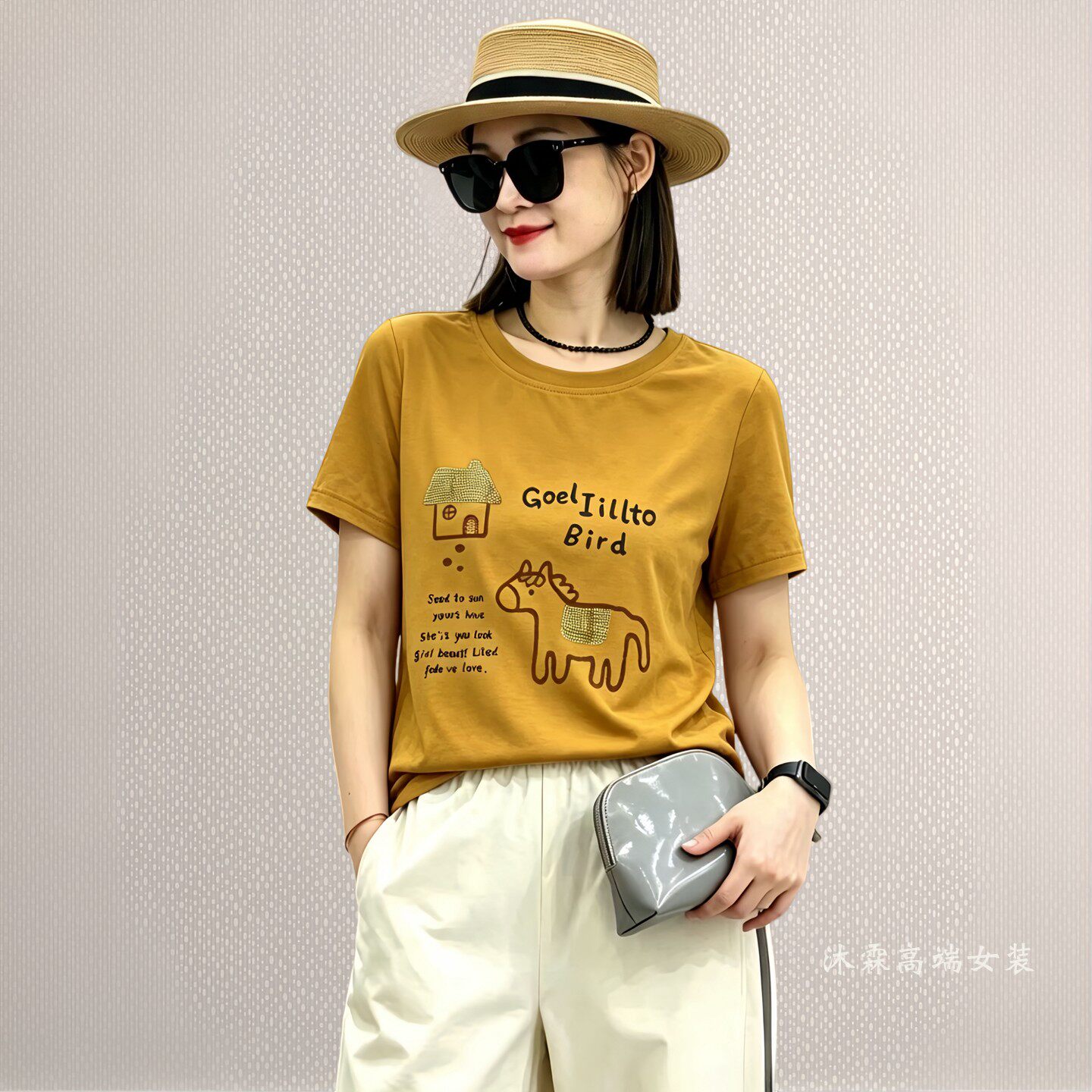 雅姿赏色珊瑚花2026夏季新款上衣大码显瘦宽松修身百搭t恤衫71063