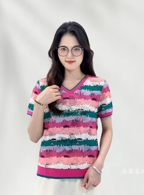 雅姿赏色珊瑚花2025夏季新款上衣大码显瘦宽松修身百搭t恤衫55074