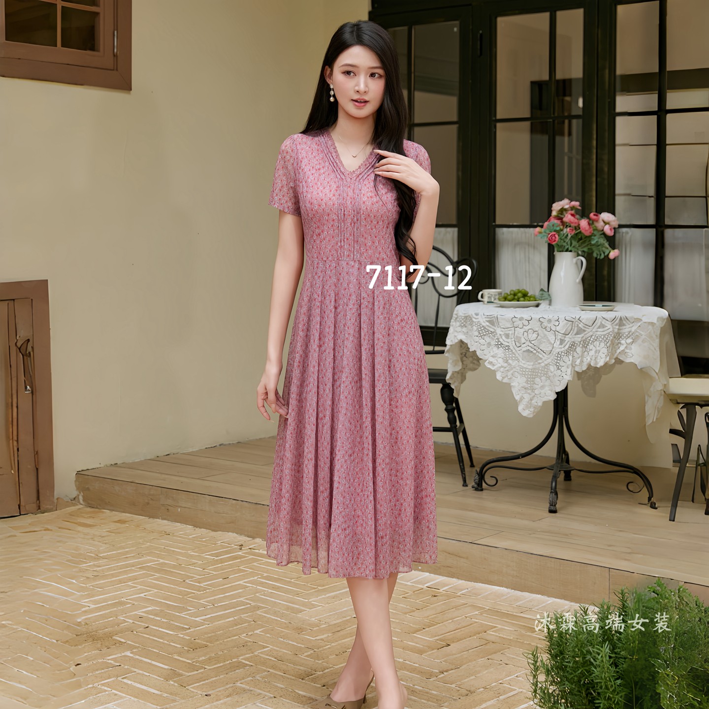 凯永2026夏季新款台湾纱料连衣裙隆穈丝女修身显瘦气质妈妈装7117