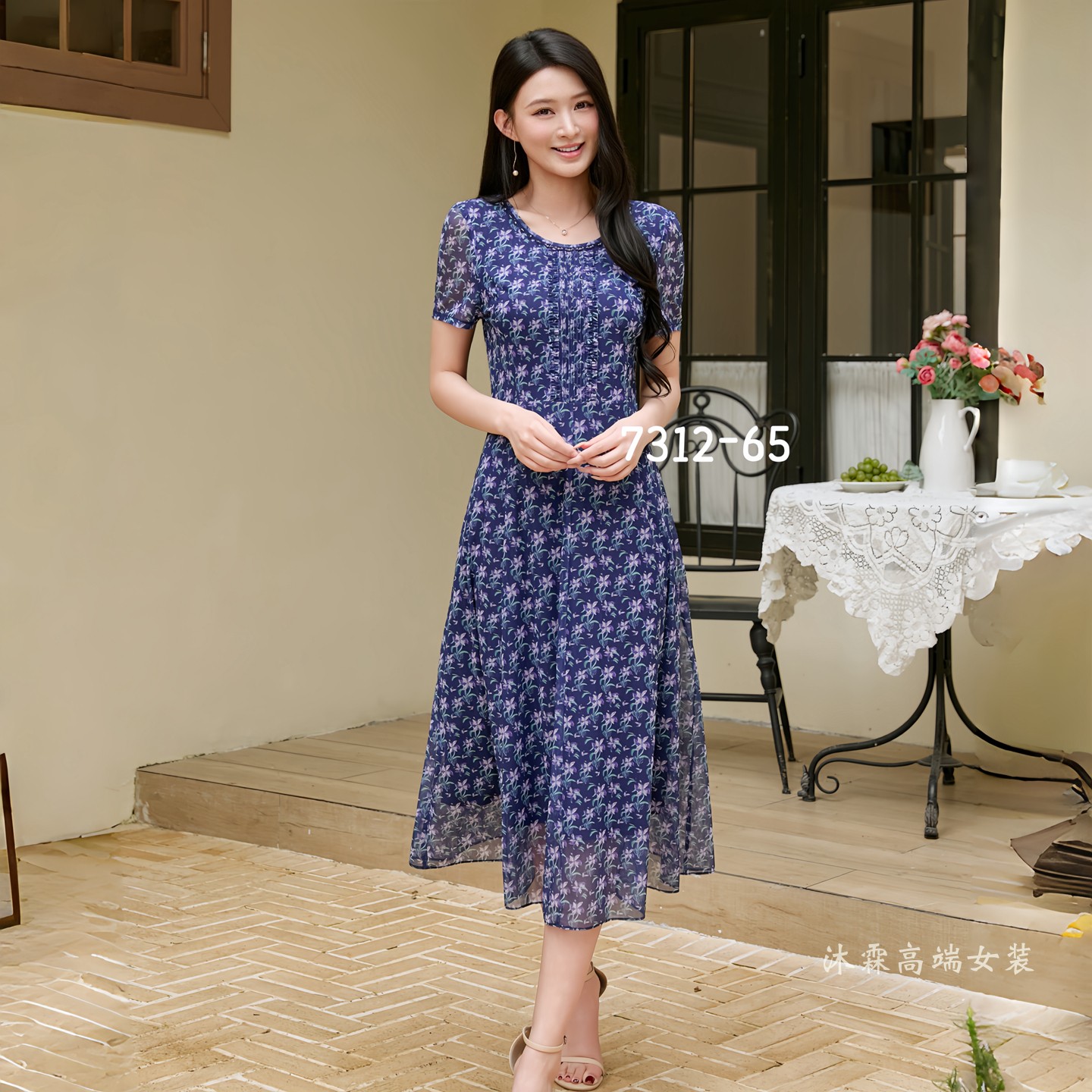 凯永2026夏季新款台湾纱料连衣裙隆穈丝女修身显瘦气质妈妈装7312