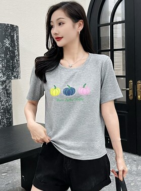 雅姿赏色珊瑚花2026夏季新款上衣大码显瘦宽松修身百搭t恤衫84024
